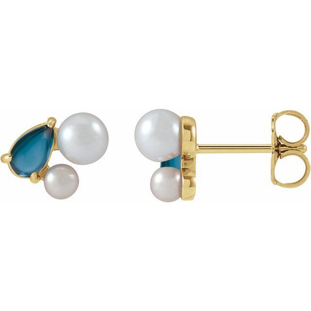 14K Natural London Blue Topaz & Cultured Akoya Pearl Earrings