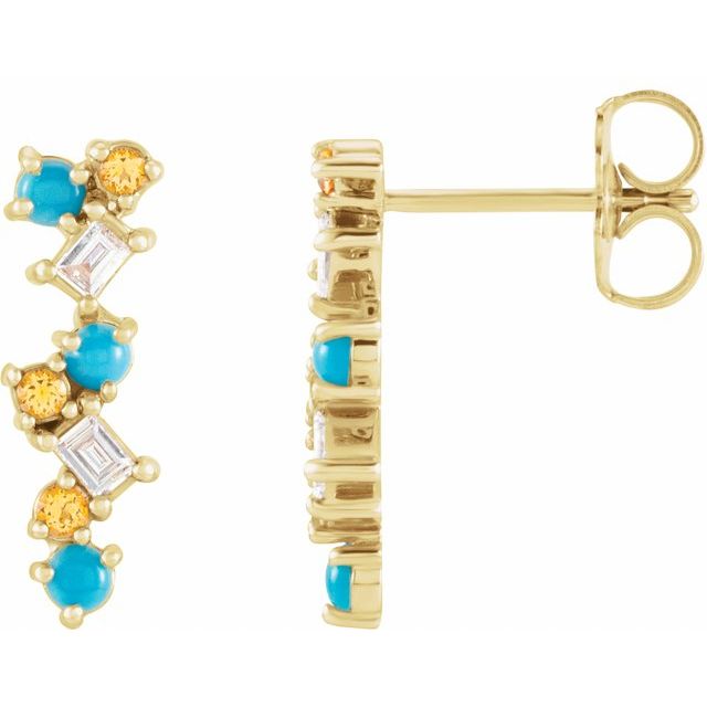 14K Natural Turquoise, Natural Honey Topaz & 1/10 CTW Natural Diamond Scattered Bar Earrings