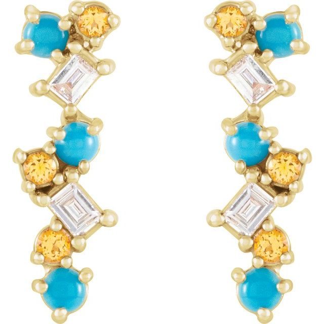 14K Natural Turquoise, Natural Honey Topaz & 1/10 CTW Natural Diamond Scattered Bar Earrings